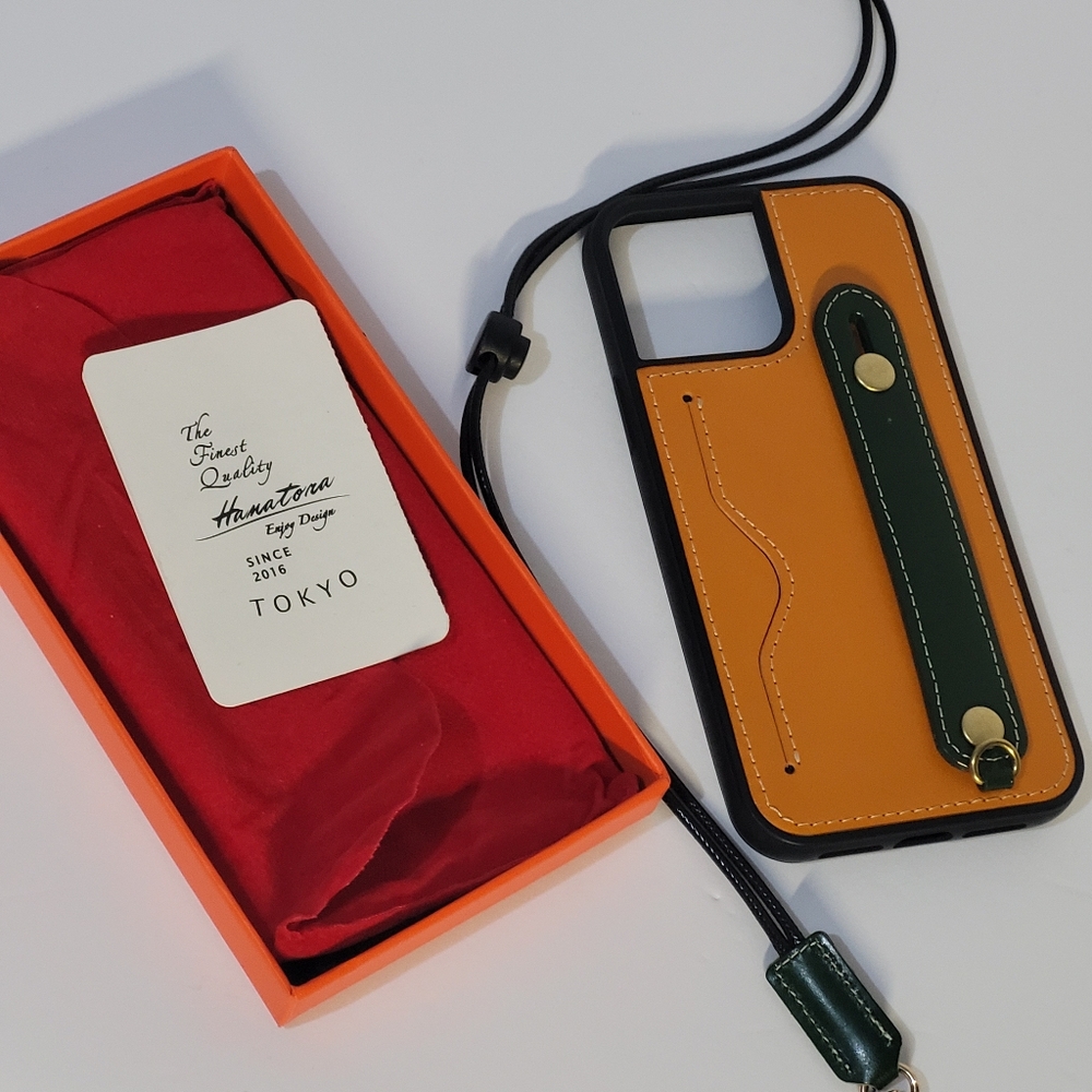 Orange and Green Leather IPhone Case with Strap